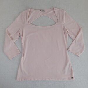 GUESS Womens XL Pink Square Neck 3/4 Sleeve Cut Out Back Top Blouse Cotton